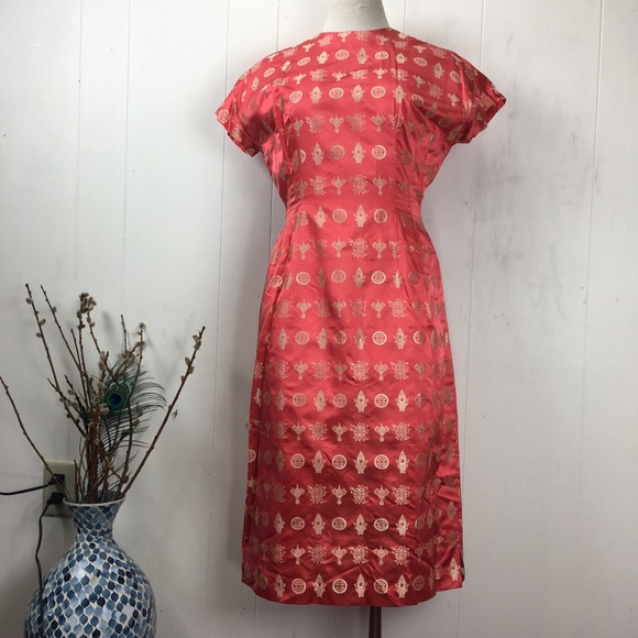 Vintage Red & Gold Asian Handmade Cocktail Dress - Picture 2 of 8